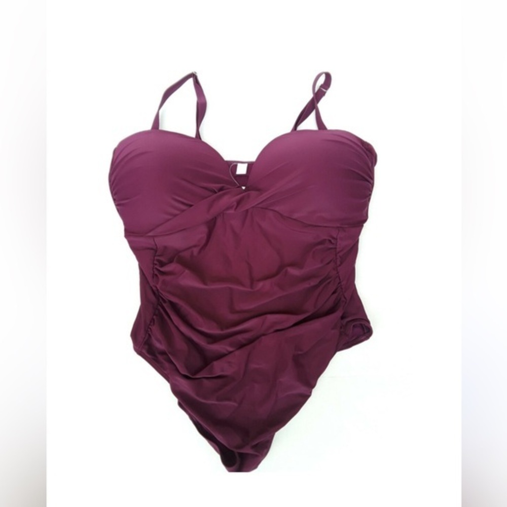 TROPICAL ESCAPE  Rouched One Piece
Swimsuit Plus eggplant-various
